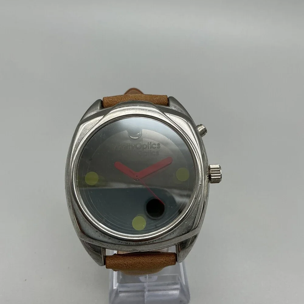 Can You Imagine Infinity Optics Mens Watch 44mm Silver Tone Leather New Battery